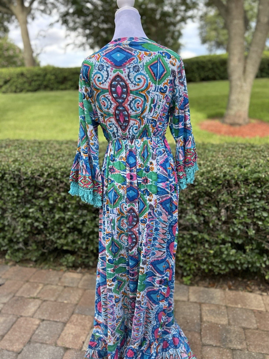 Antica Sartoria 2024 Blue Pink & White Evil Eye Long V Neck Beaded Dress NWT O/S