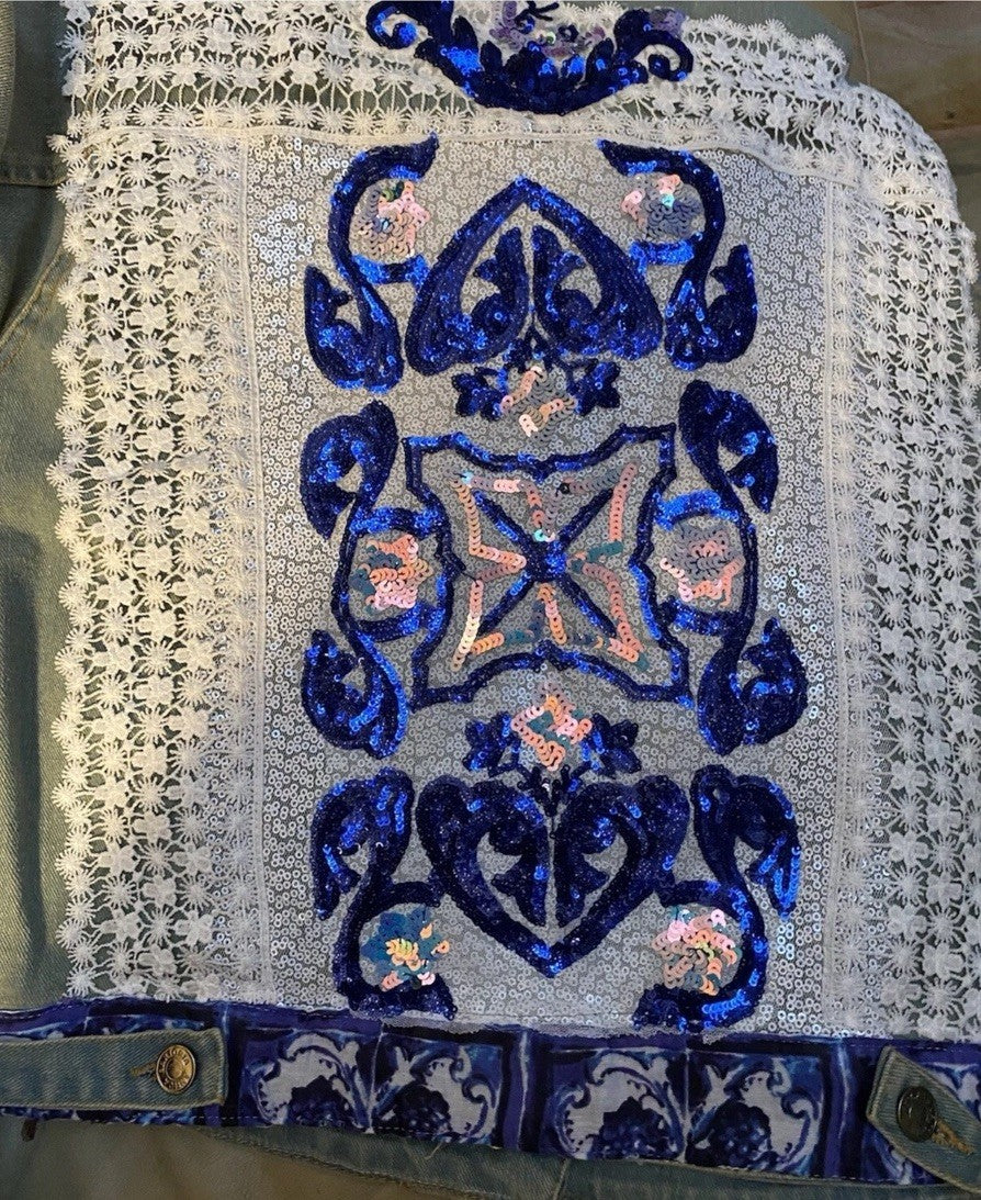 ANTICA SARTORIA 2024 BEAUTIFUL FLOWERS & LACE JEAN JACKET LARGE NWT