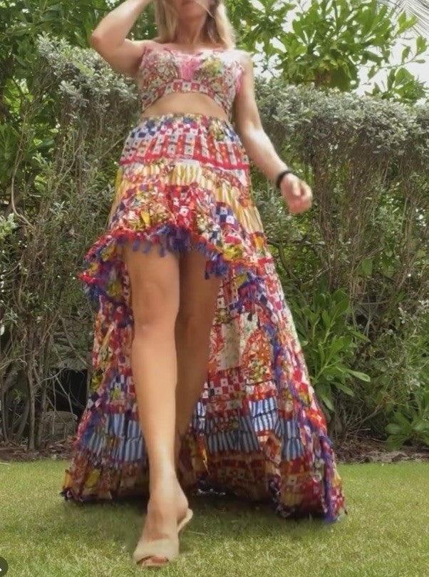ANTICA SARTORIA SICILIAN WHEEL SHORT FRONT LONG BACK TOP & SKIRT COTTON SET NWT
