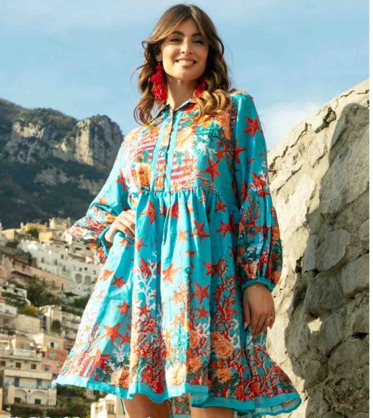 Antica Sartoria 2026 5 Button Blue Red Star Fish & Coral Dress Nwt L/XL