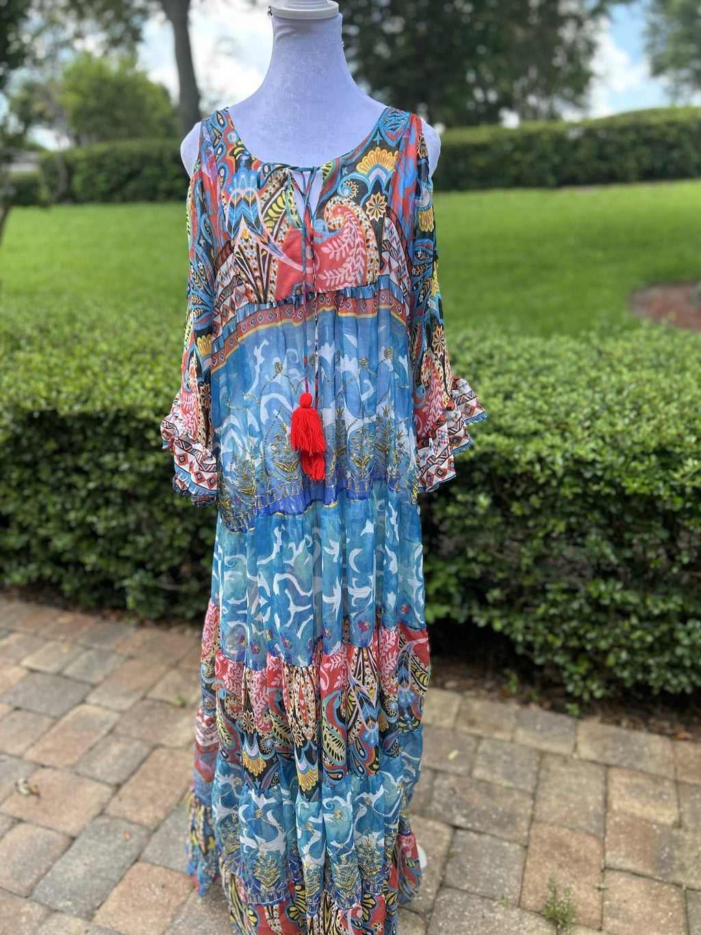 Antica Sartoria Long FLOWEY peek a boo sleeve Dress Blue & Pink Beautiful NWT OS