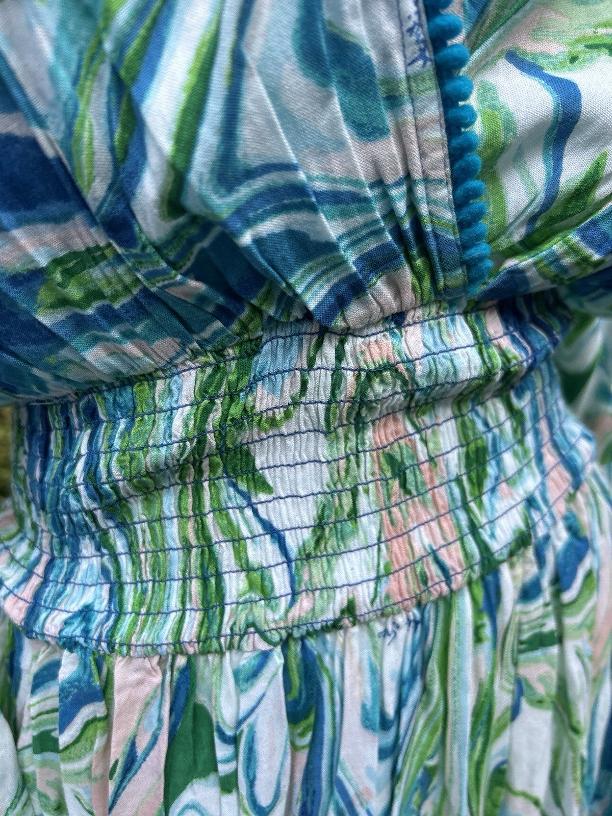 Antica Sartoria Aqua Blue White Swirl Print Long V Neck Beaded Dress NWT O/S