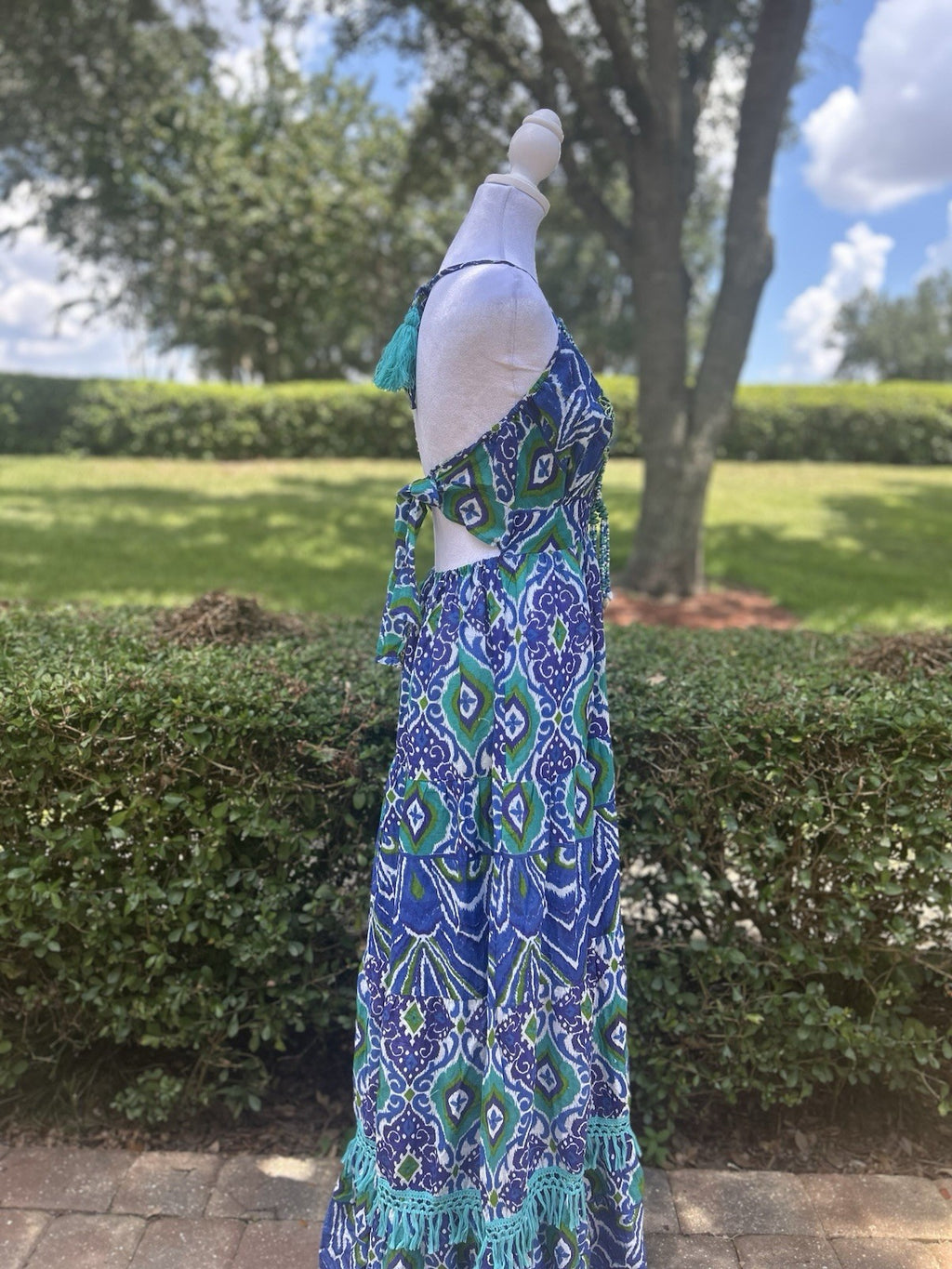Antica Sartoria 2024 Gorgeous Bead Work Long Blue Green V Neck Halter Dress NWT