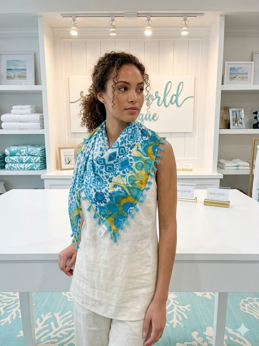 Antica Sartoria Blue White & Yellow Triangle Cotton Scarf Nwt
