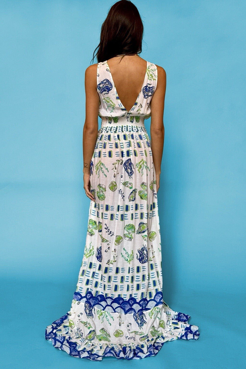 ANTICA SARTORIA 2024 Blue Green V NECK FRONT & BACK  LONG SHORT IN FRONT DRESS
