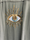Made In Italy Khaki Green Sequin Cheesecloth Top Eye Shirt Cover Up O/S NWT