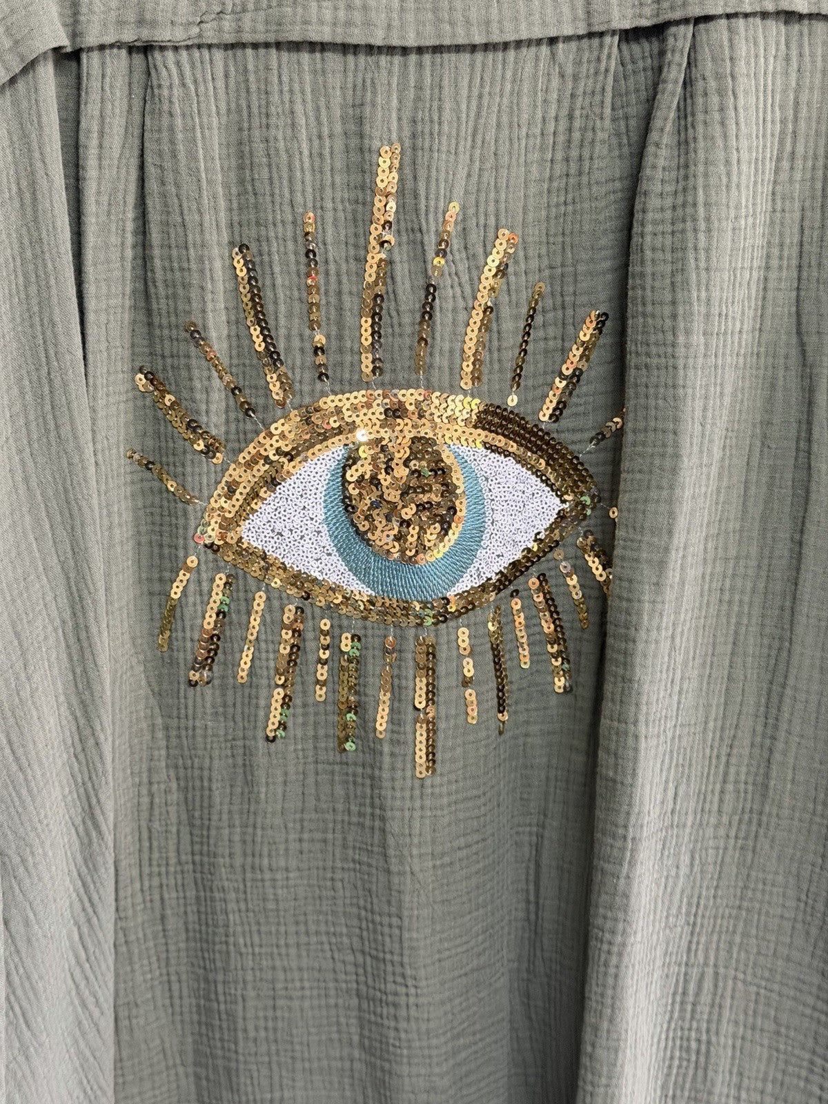 Made In Italy Khaki Green Sequin Cheesecloth Top Eye Shirt Cover Up O/S NWT