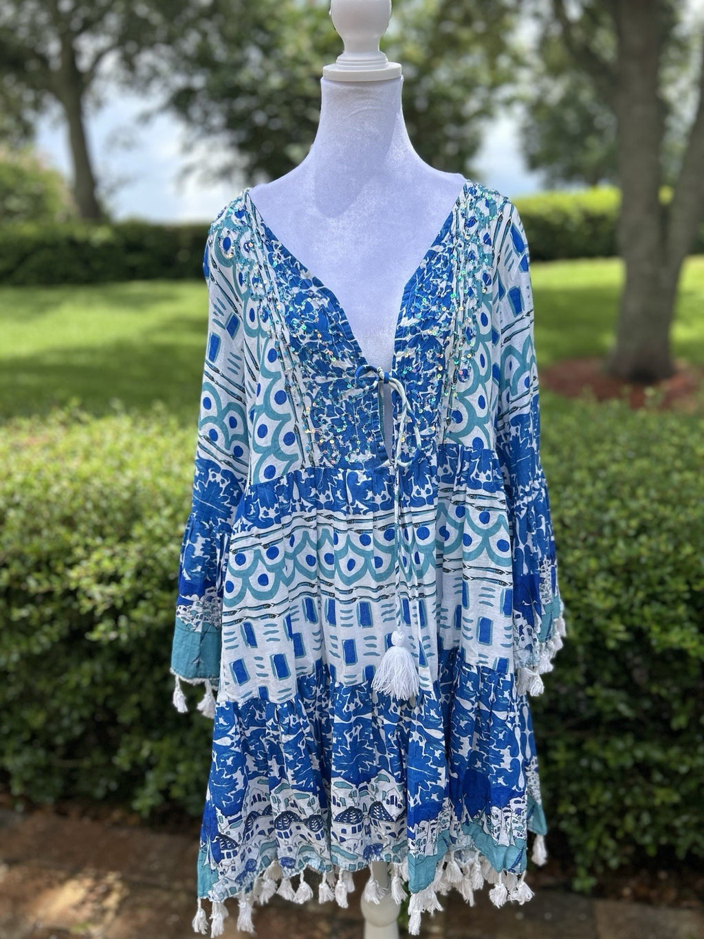 ANTICA SARTORIA 2024 BLUE & WHITE TRULLI HOUSES SHORT DRESS NWT O/S