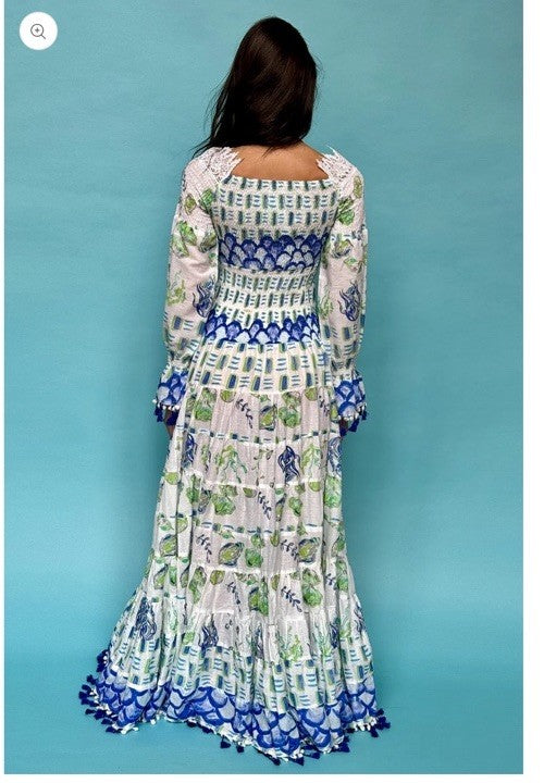 ANTICA SARTORIA CLAMS Blue Green White OFF SHOULDER LONG BACK SHORT FRONT DRESS