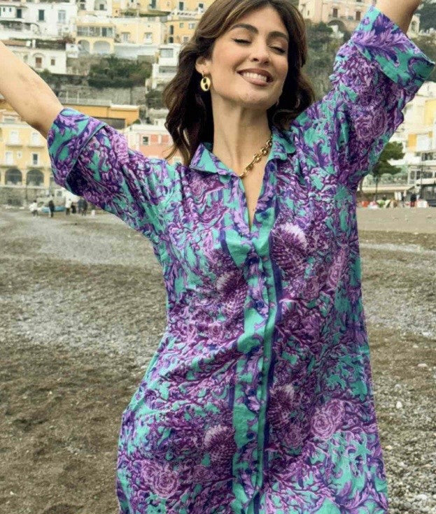 Antica Sartoria 2026 Aqua & Purple Mumu Dress Kaftan Button Down Nwt XL
