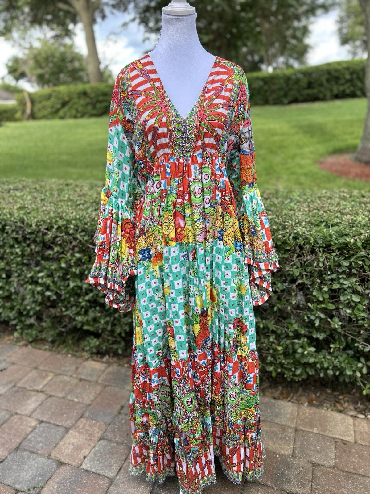 Antica Sartoria 2024 Gorgeous Print Green & Red Long Beaded V Neck Dress NWT O/S