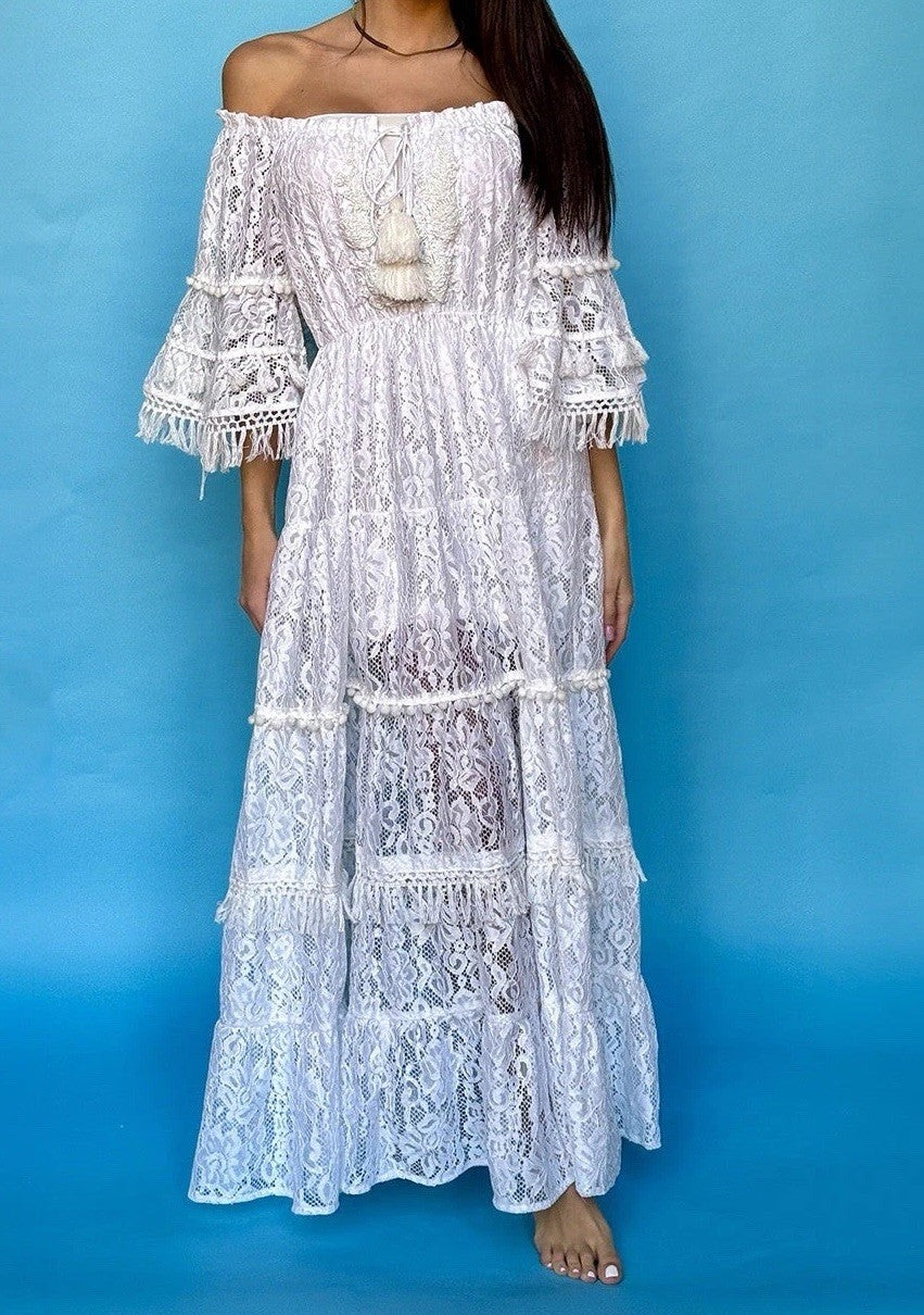 ANTICA SARTORIA WHITE LACE OFF SCHOULDER LONG DRESS NWT O/S LAST ONE