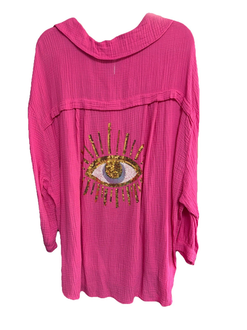 Made In Italy Hot Pink Sequin Cheesecloth Top Eye Shirt Cover Up Free Size NWT