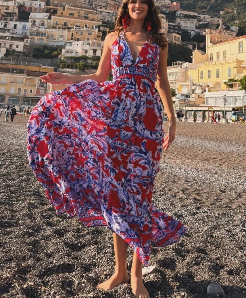 Antica Sartoria 2026 Blue & Red V Neck & V Back Dress O/S Nwt