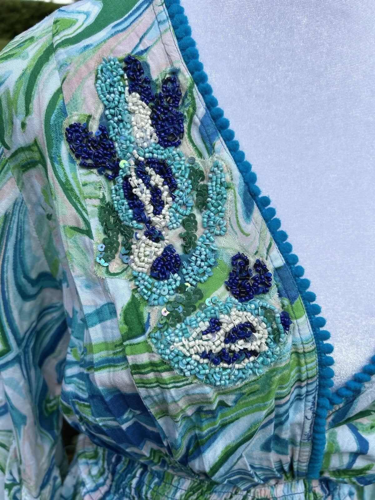 Antica Sartoria Aqua Blue White Swirl Print Long V Neck Beaded Dress NWT O/S