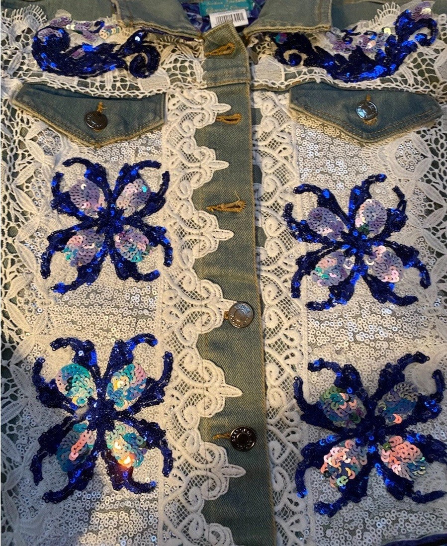 ANTICA SARTORIA 2024 BEAUTIFUL FLOWERS & LACE JEAN JACKET LARGE NWT