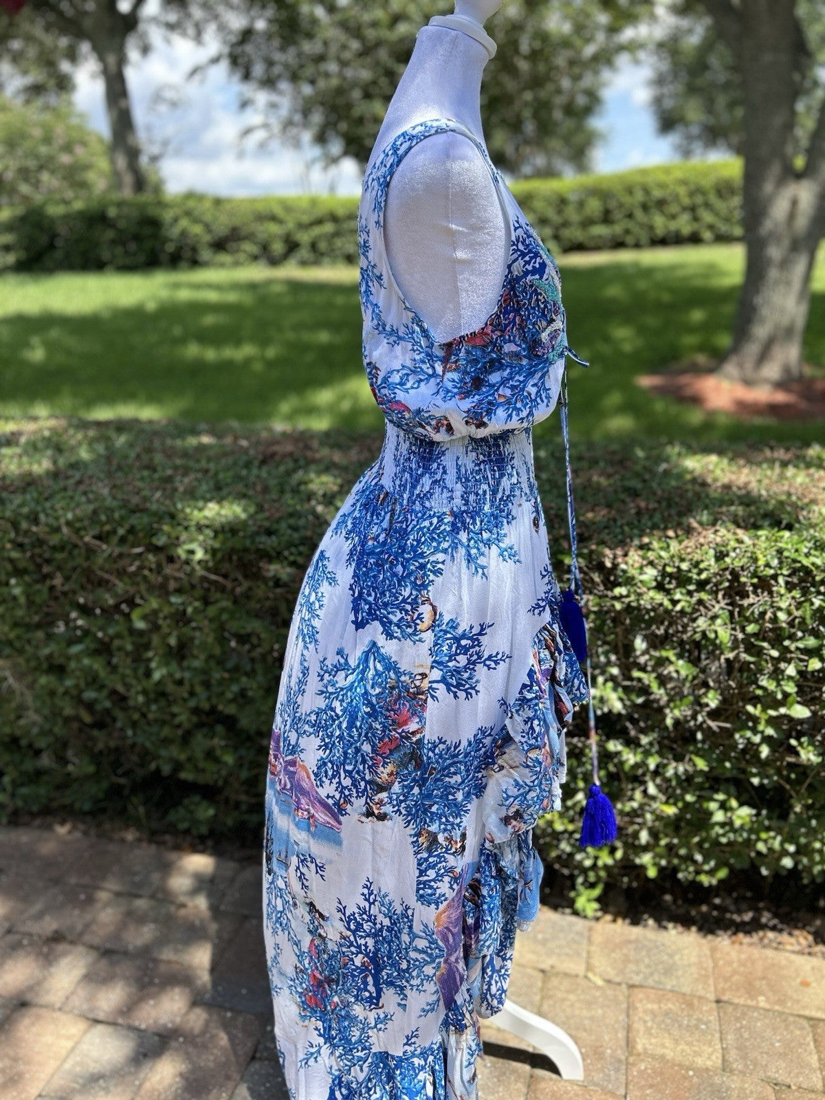 Antica Sartoria Long Back Short Front Blue & White Corals V Neck V Back Dress OS