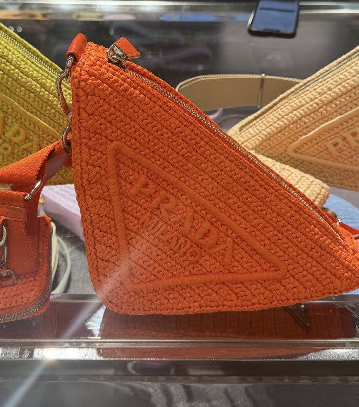 Prada Triangle Logo Raffia Effect Crochet Shoulder Bag Gorgeous Orange Color New