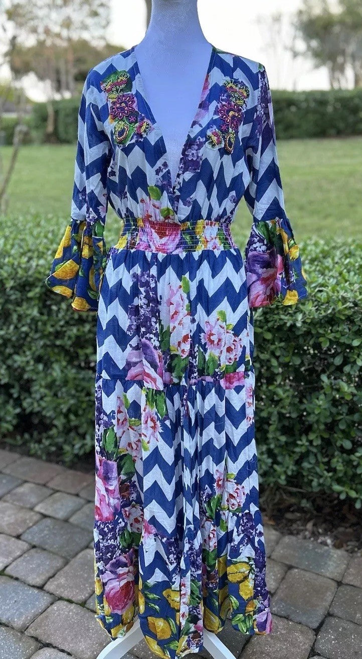 Antica Sartoria Long Chevron Cobalt Blue And Lemon Sequin Dress NWT O/S