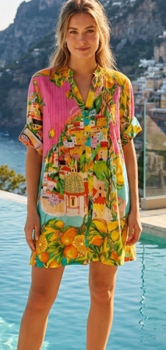 Antica Sartoria 2026 L/XL Positano Pink Lemon Button Down Dress NWT