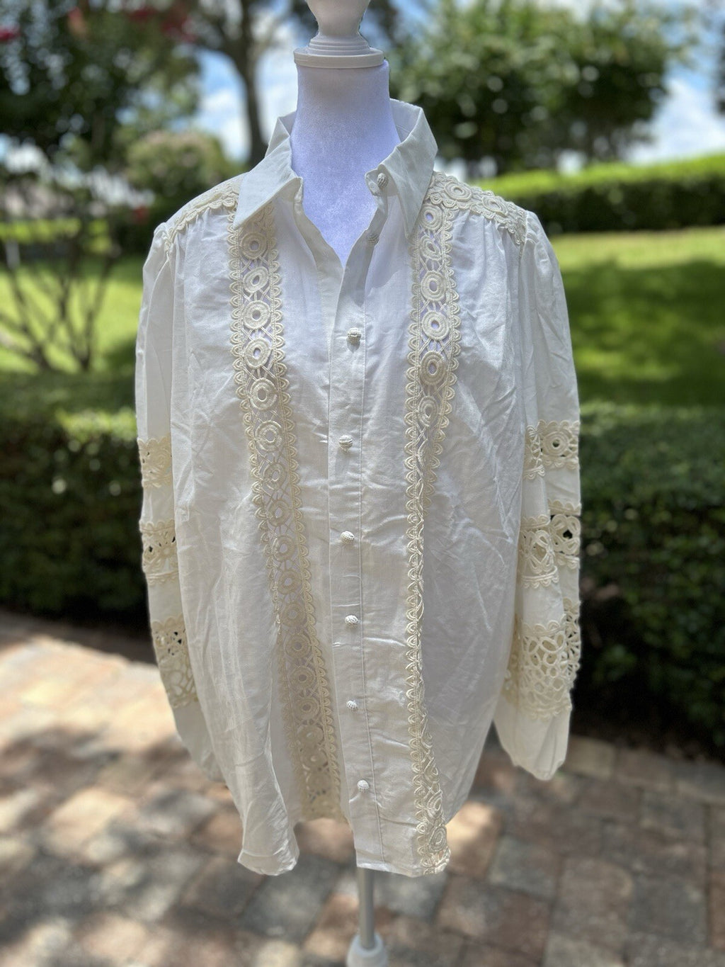 Lara Cutout Lace Blouse Beautiful 100% Cotton Button Boho L / XL