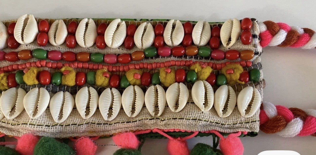 ANTICA SARTORIA MULTI COLORED BELT WITH SHELLS & POMPOMS NWT