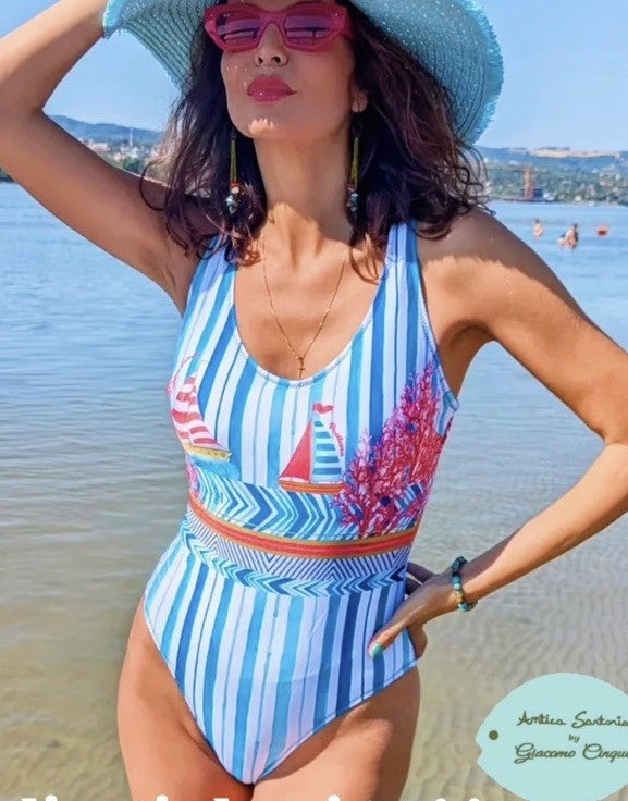 Antica Sartoria Sail Boats & Corals 1 Piece Bathing Suit Large Nwt