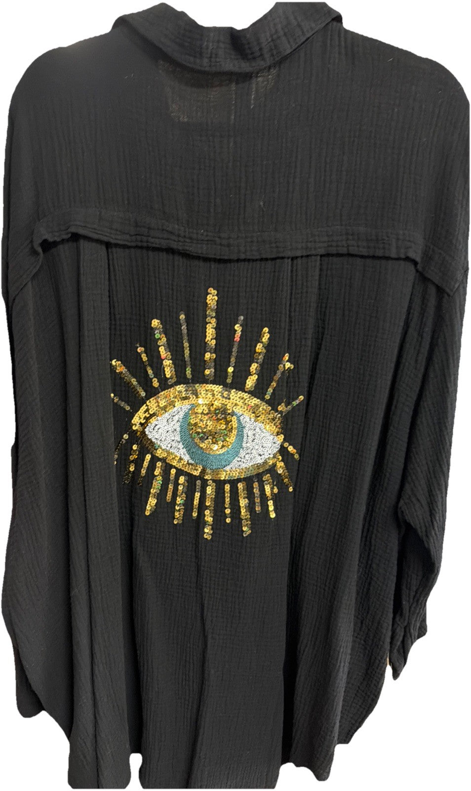 Made In Italy Black  Sequin Cheesecloth Top Eye Shirt Cover Up Free Size NWT