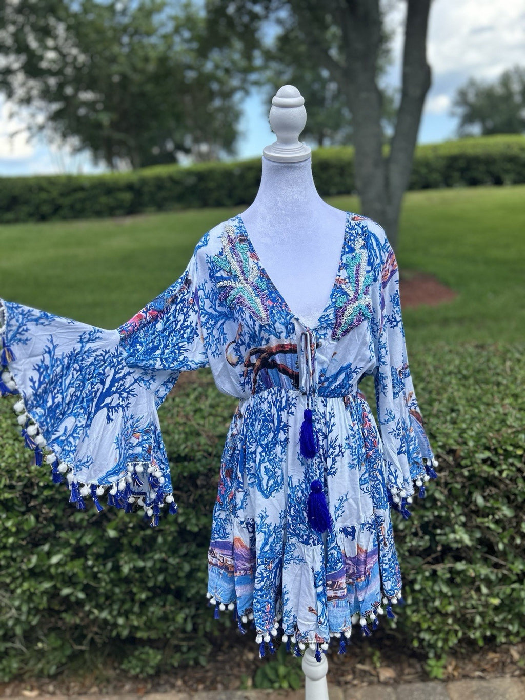 Antica Sartoria 2024 Beaded Coral Volcano Blue White Dress NWT O/S