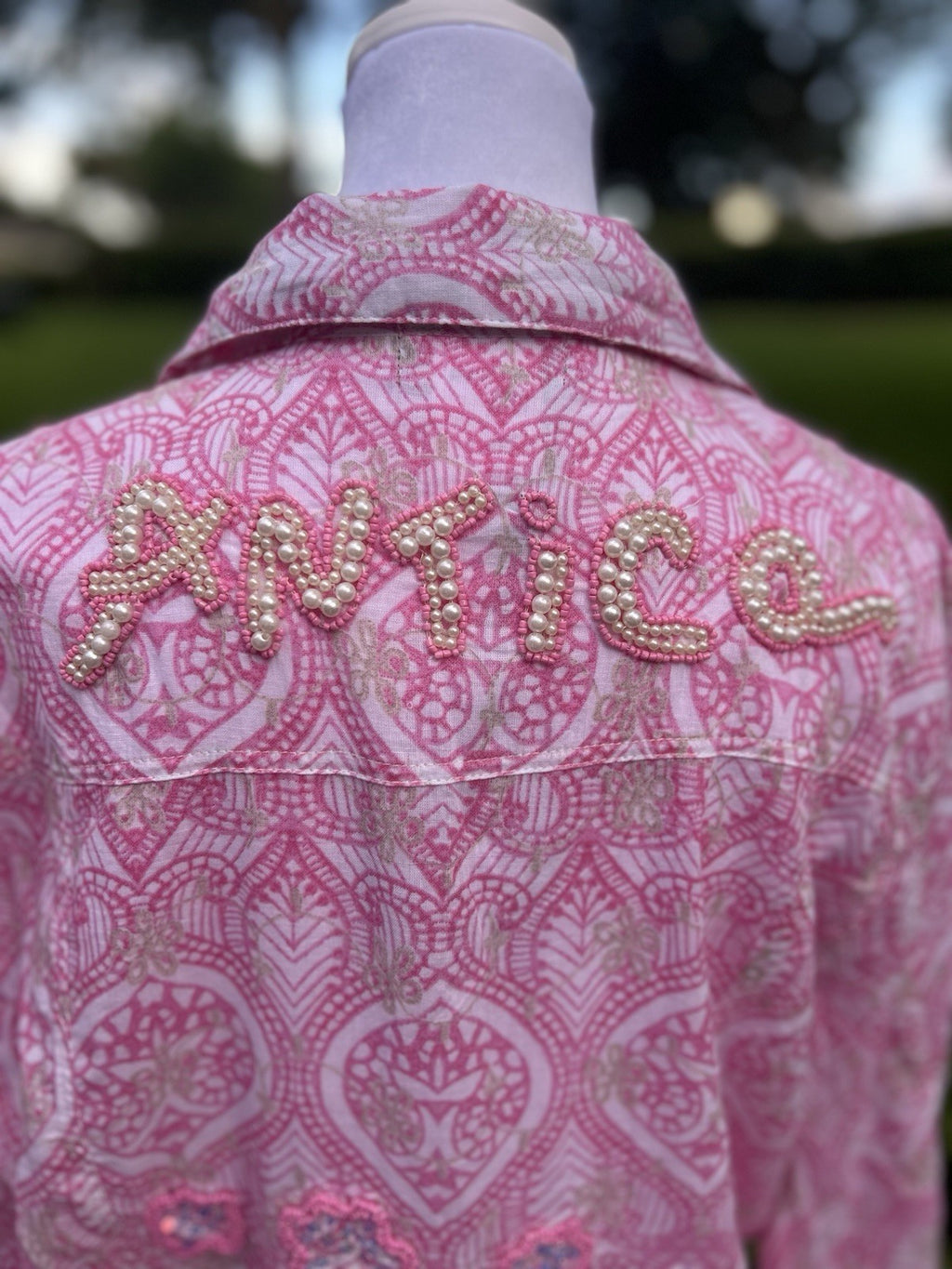 Antica Sartoria 2025 Pink White Print Antica Beaded Jacket Medium NWT