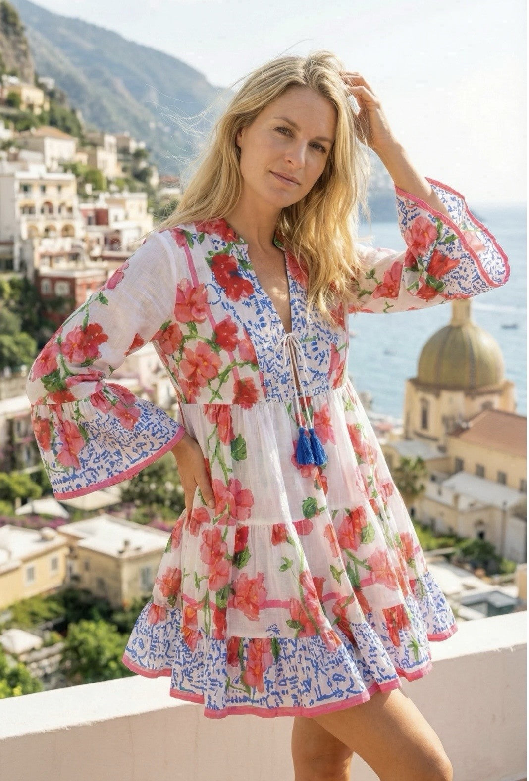 Antica Sartoria 2026 Pink Roses Blue & White Tie Front Dress Nwt O/S