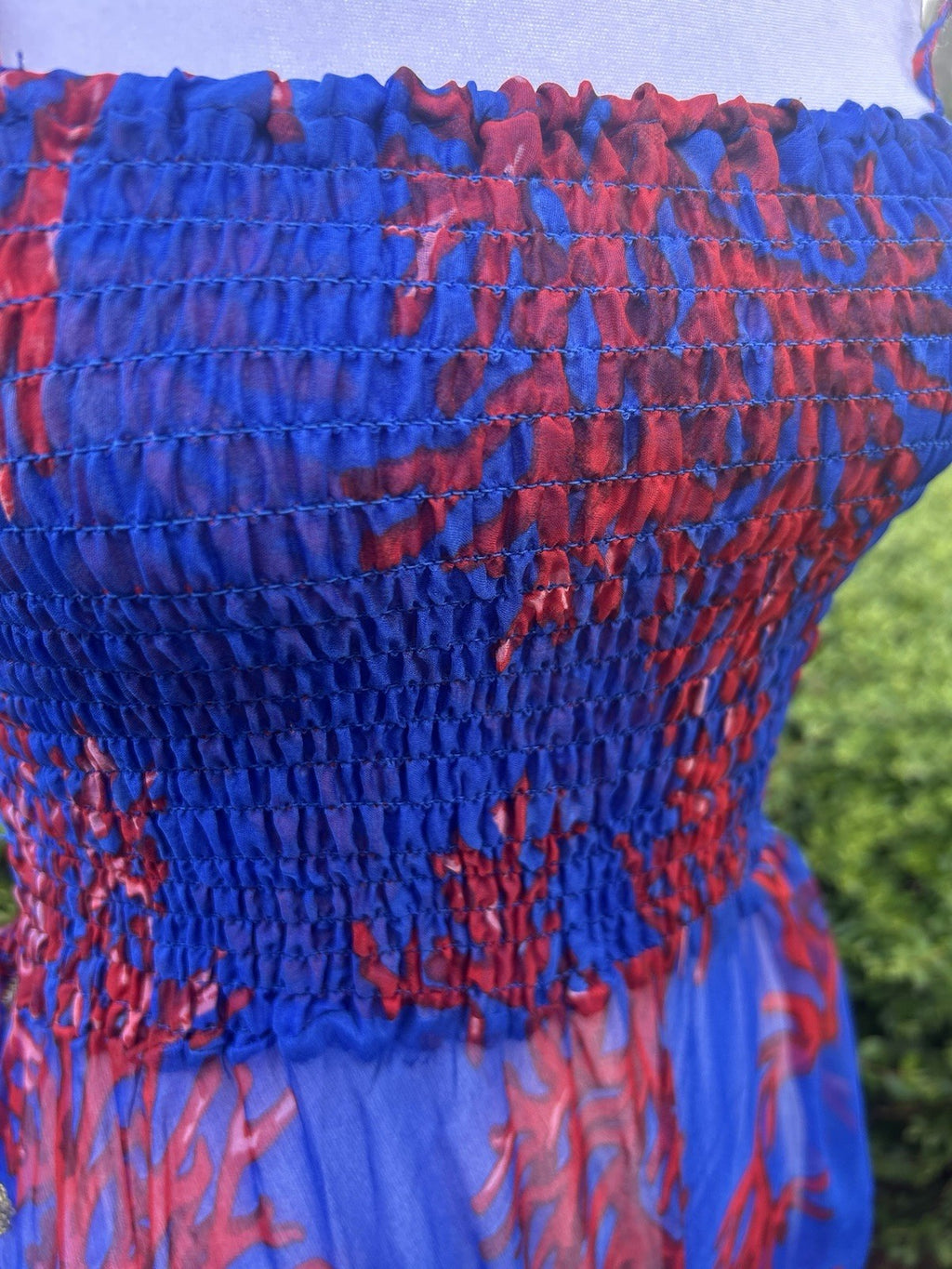 Antica Sartoria Blue And Red Coral & Gold Smocked Top STRAPPY Dress NWT O/S