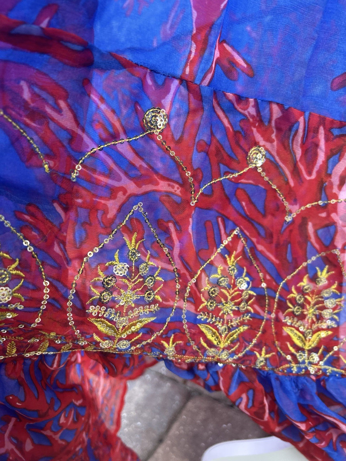 Antica Sartoria Blue And Red Coral & Gold Smocked Top STRAPPY Dress NWT O/S