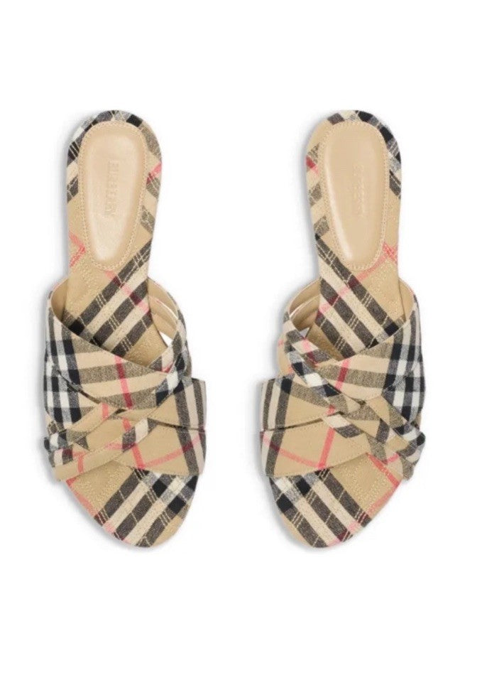 Burberry Check Cabana Slides in a linen blend with a leather sole NWT SIZE 8.5