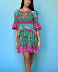 ANTICA SARTORIA 2024 AQUA GREEN & PINK OFF SHOULDER COTTON DRESS NWT O/S