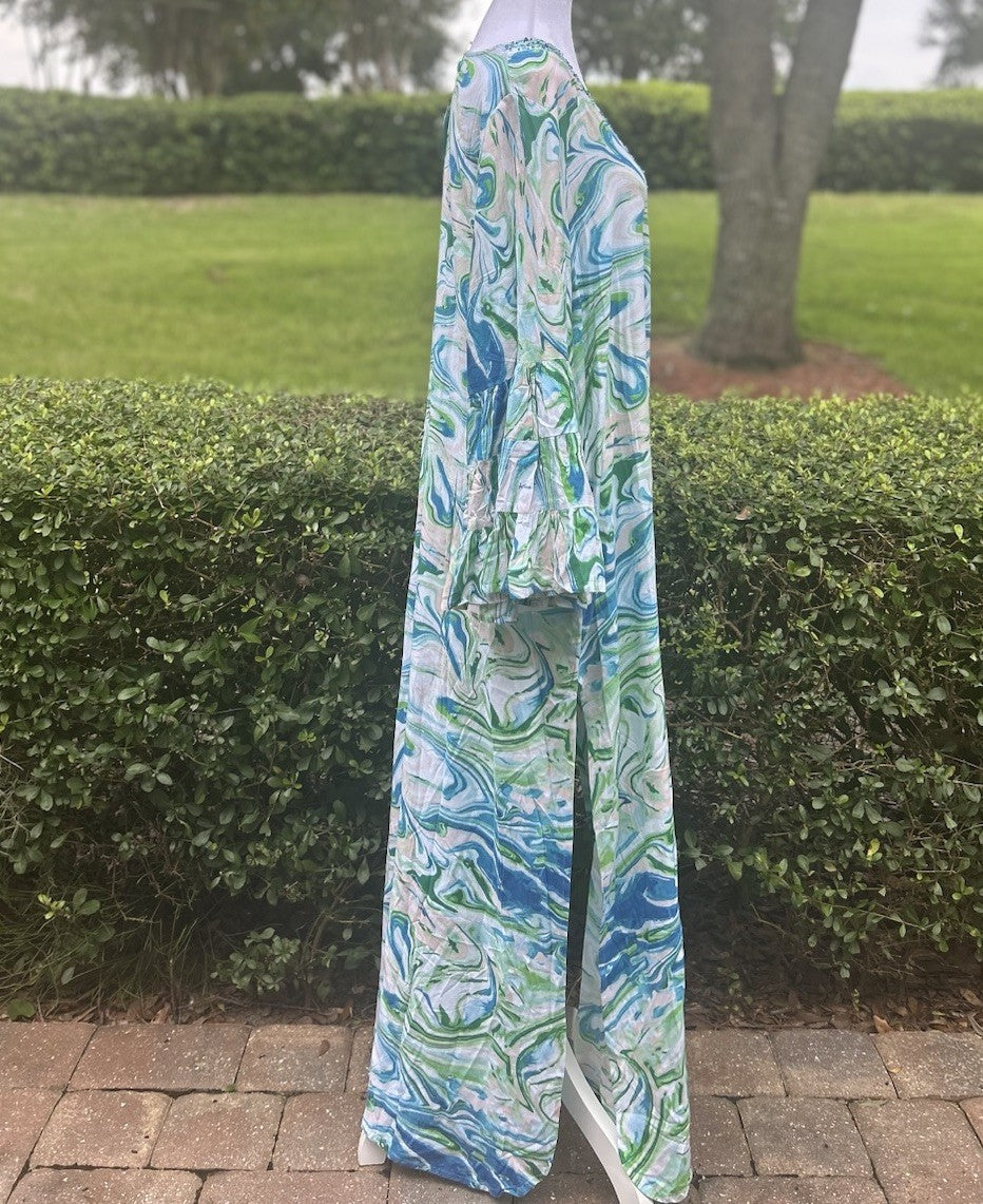 Antica Sartoria 2024 Blue Green White Swirl V Neck Beaded Kaftan Dress Nwt S/M