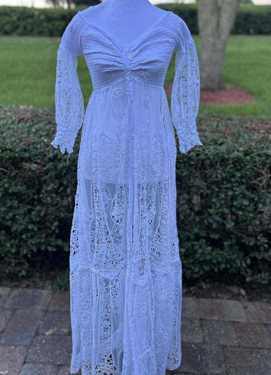 Antica Sartoria White Off Shoulder Long Lace Buttons Dress With Under Skirt