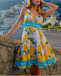 Antica Sartoria 2026  Aqua & White Lemon Adj Strap Smocked Back Dress Nwt O/S