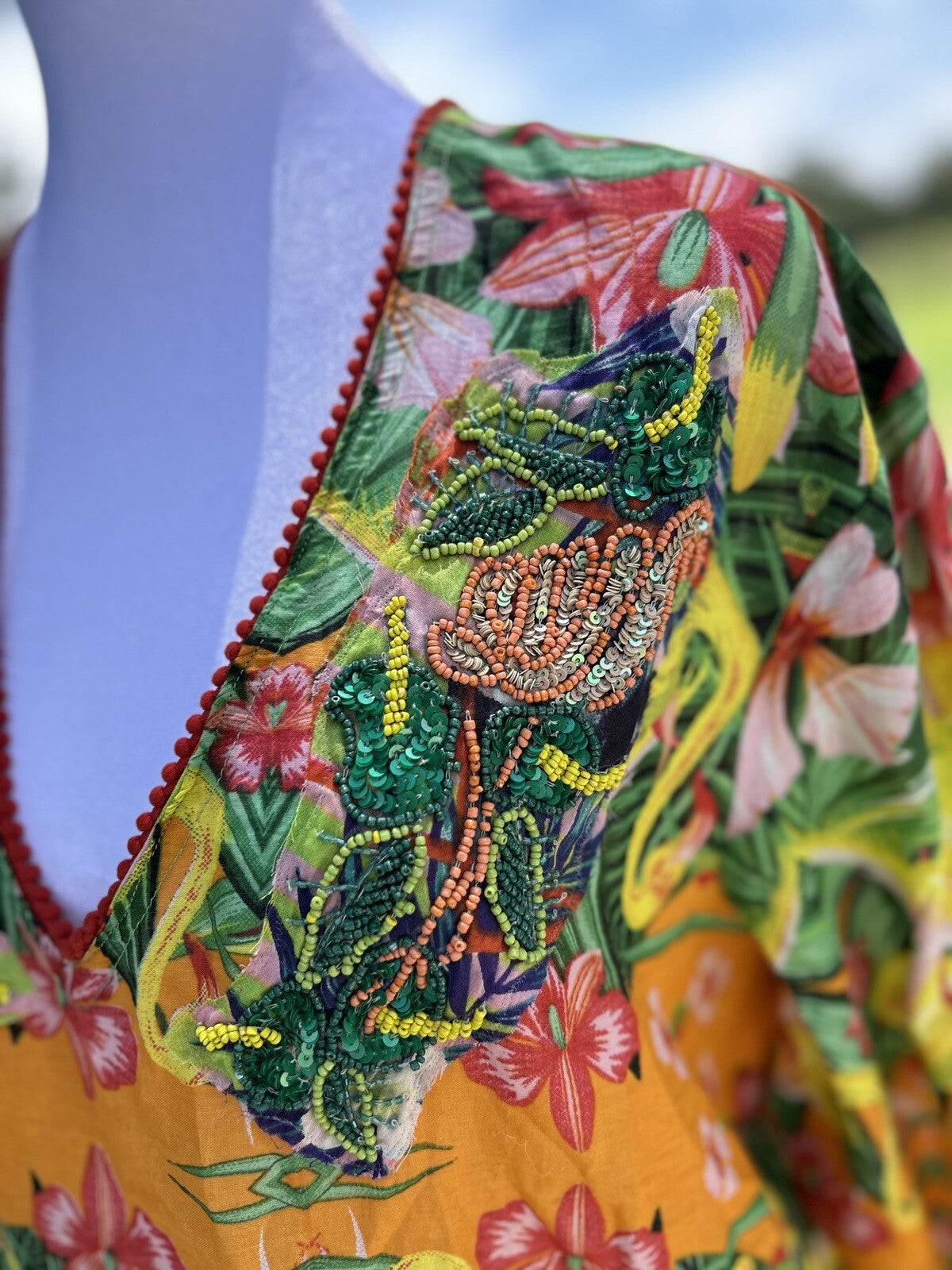 ANTICA SARTORIA YELLOW ORANGE GREEN FLAMINGO SEQUIN SHIRT  COVERUP S/M 🦩💛🧡💚