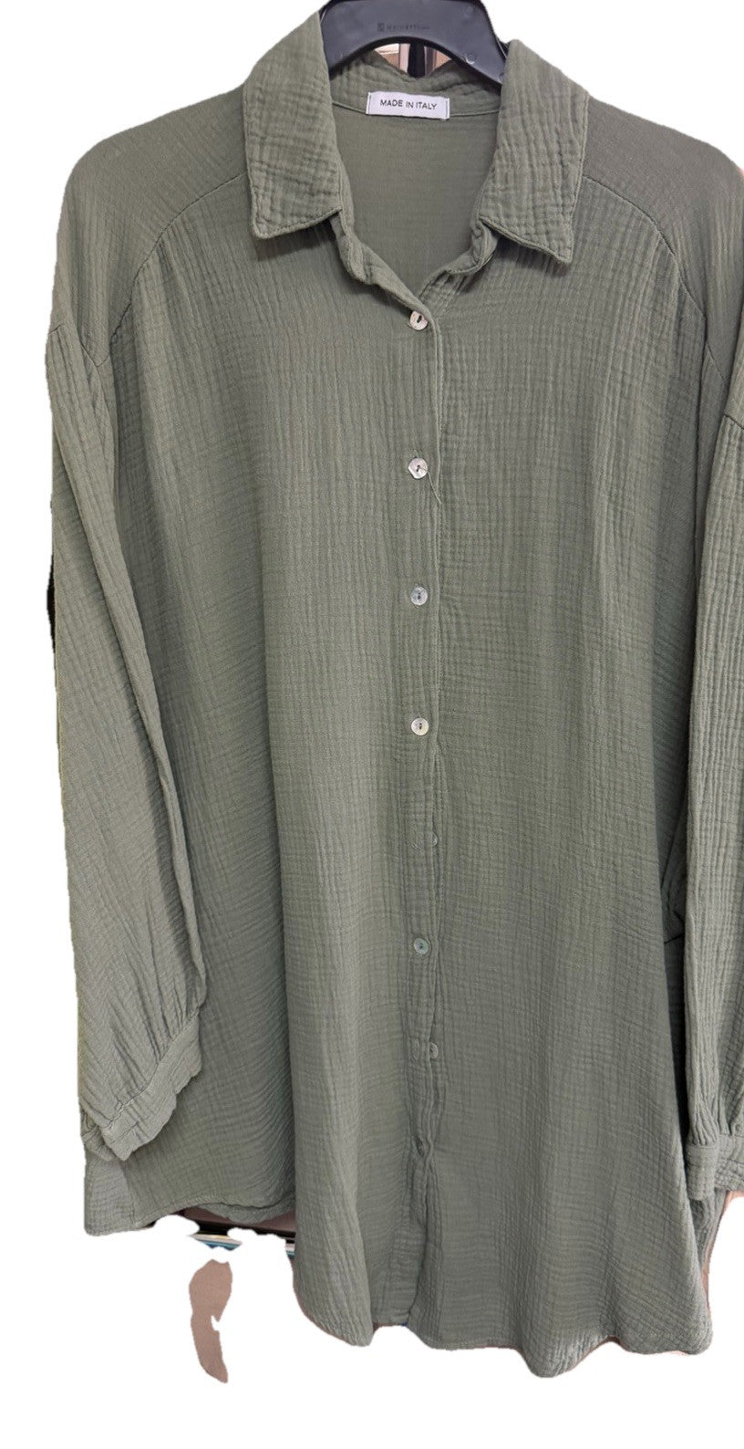 Made In Italy Khaki Green Sequin Cheesecloth Top Eye Shirt Cover Up O/S NWT