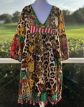 Antica Sartoria Brown Leopard & Green Cactus Dress with beads on top NWT O/S