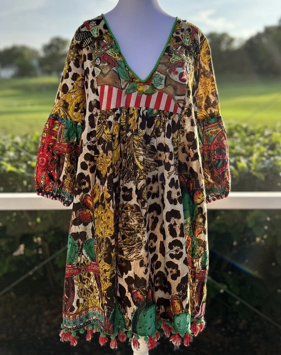 Antica Sartoria Brown Leopard & Green Cactus Dress with beads on top NWT O/S