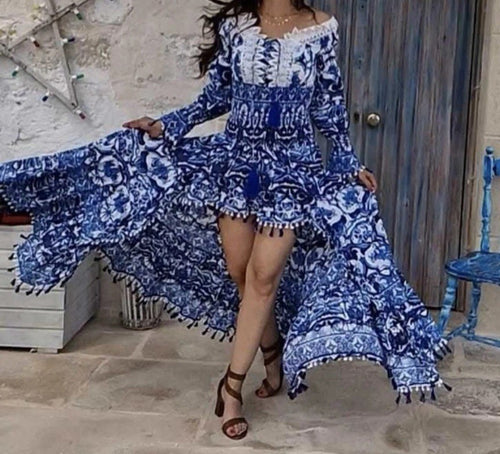 Antica Sartoria 2024 Off Shoulder Long Short Blue White Dress Nwt O/S Last One