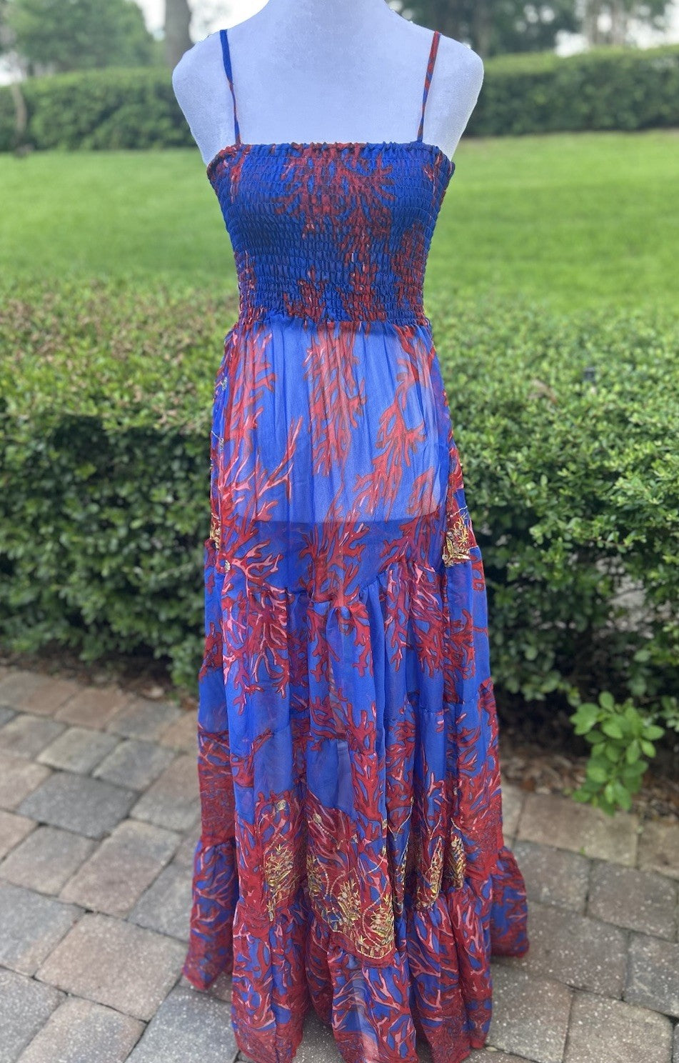 Antica Sartoria Blue And Red Coral & Gold Smocked Top STRAPPY Dress NWT O/S