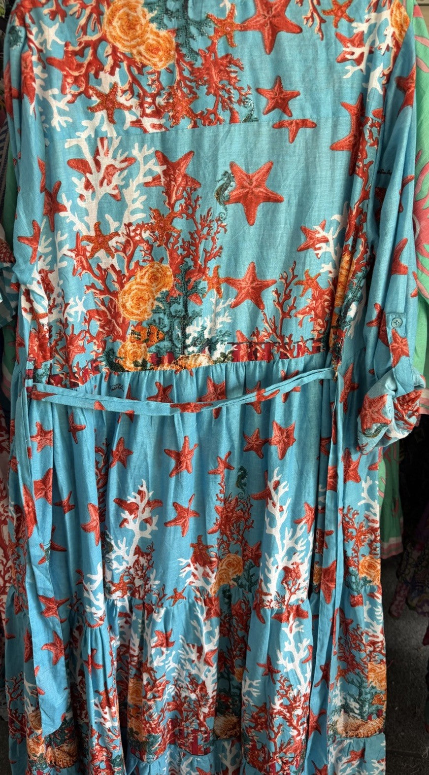 Antica Sartoria 2026 Aqua Coral Fish & Stars Long Flowy Belted Button Down Dress