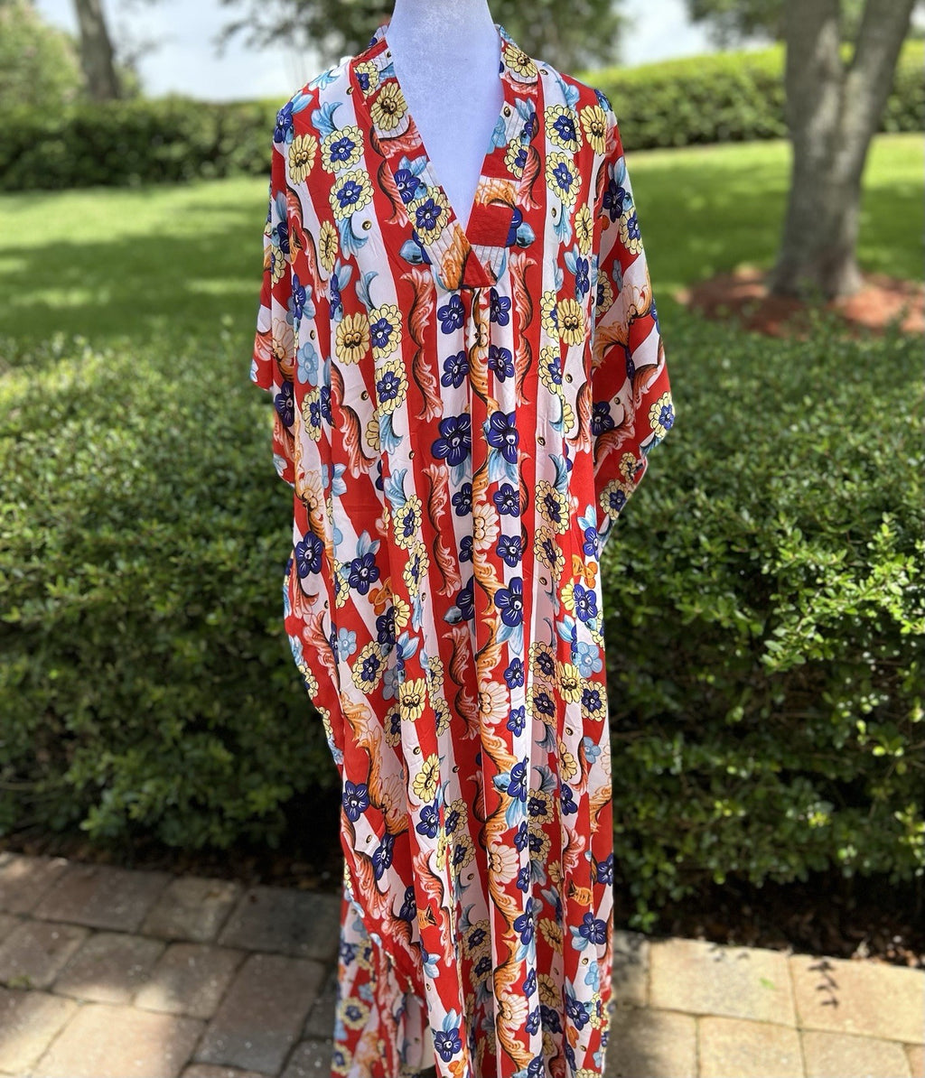 Antica Sartoria Red White & Blue Stripe & Flower Kimono Mumu NWT O/S