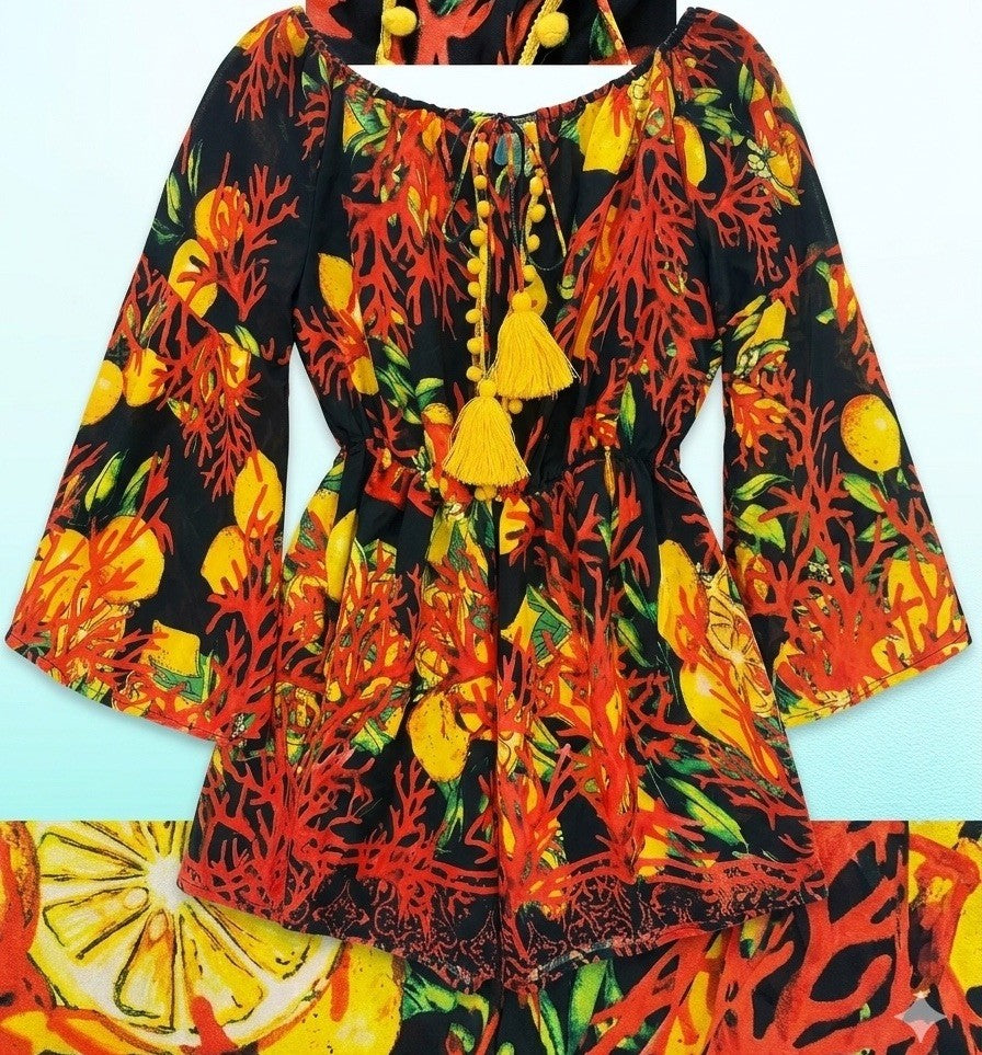antica sartoria Red Black Lemon 🍋 Off Shoulder Romper NWT O/S