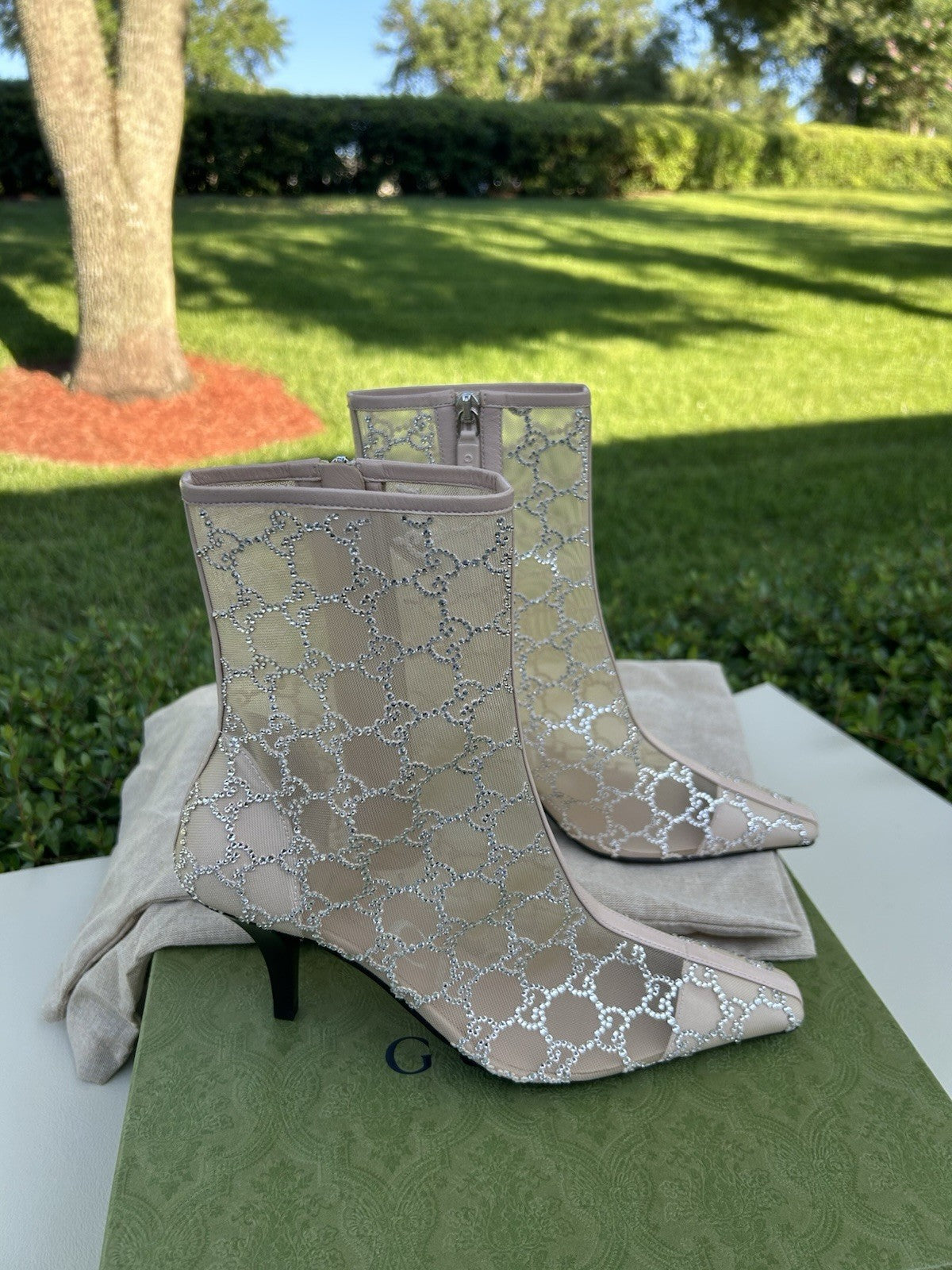 Gucci Demi Crystal Mesh Ankle Boots Glitter Beige Size EU-37.5 NIB