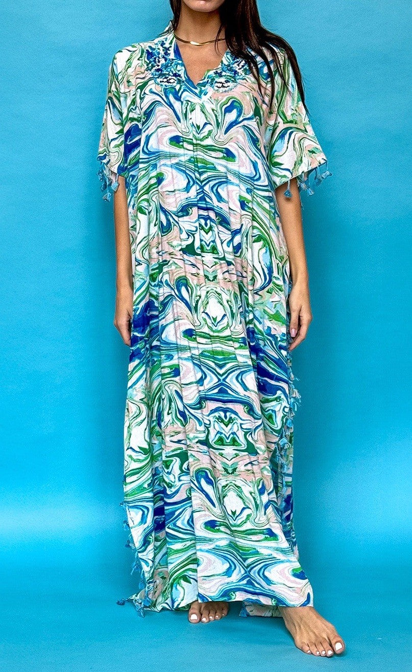 Antica Sartoria 2024 Blue Green Aqua Swirl Print Kaftan Mumu NWT O/S LAST ONE