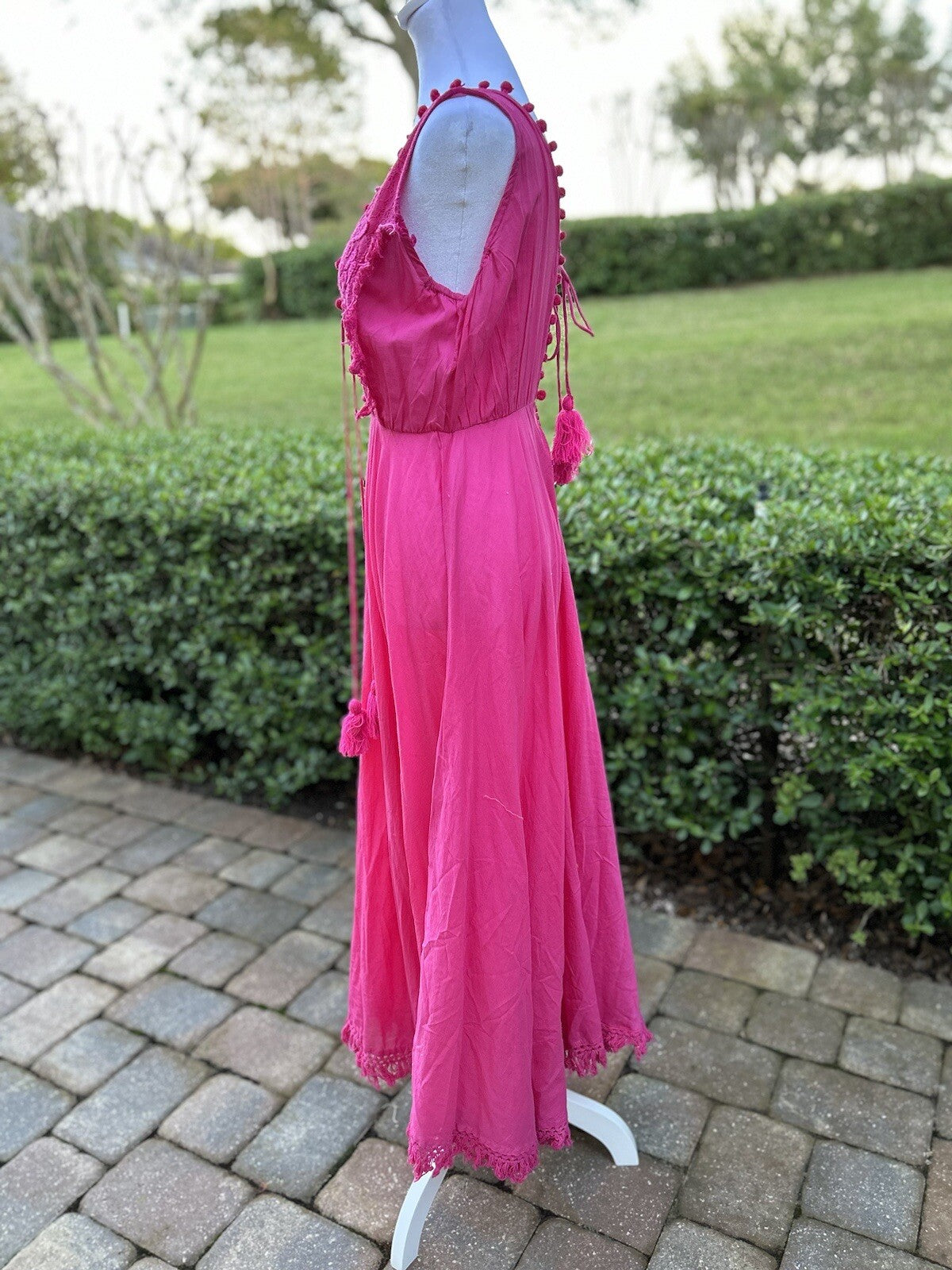 ANTICA SARTORIA PINK TIE FRONT & BACK V NECK DRESS POMPOM NWT O/S